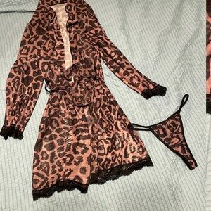 Leopard Print Lace Trim Robe and Thong Set